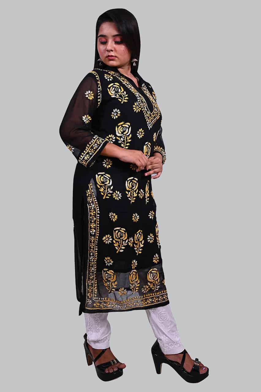 Buy nAzAqAt Women's Black Georgette Long Length Kurti with Multicolor  Lakhnawi Chikankari Hand Embroidery at Amazon.in