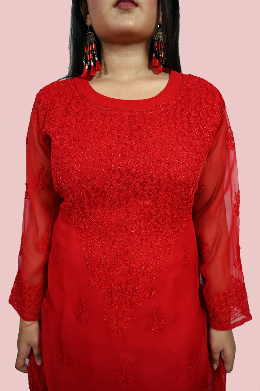 red chikan kurti with boat neck design
