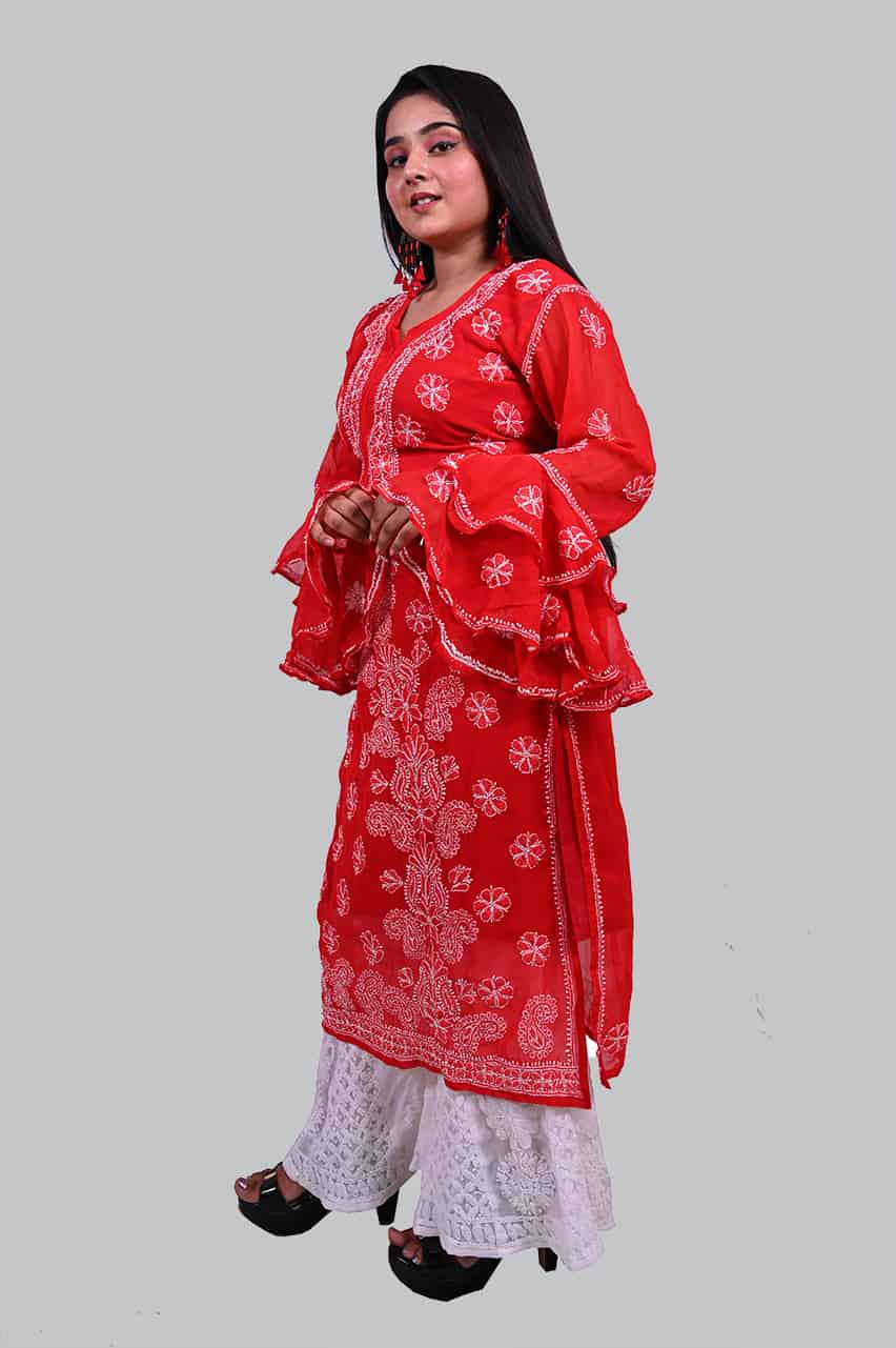 Red geirgette umbrella cut sleeves chikan kurti