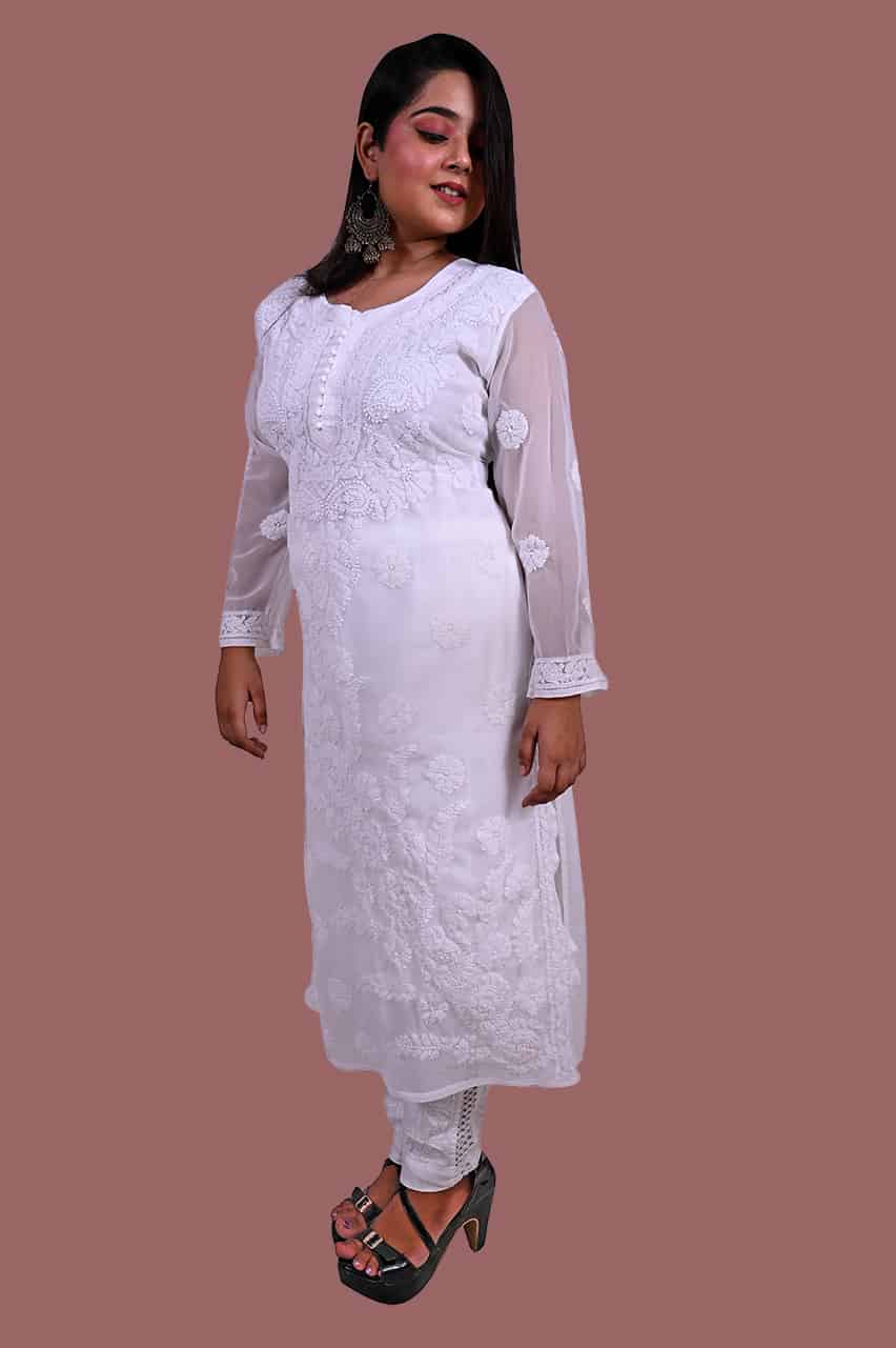 Afia Lucknowi Chikankari White Color Georgette Fabric Short Kurti Handmade,  Handcrafted and Hand Embroidered to Be Paired With Jeans - Etsy